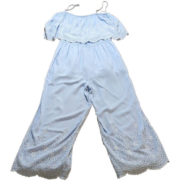 Topshop Jumpsuit Women's Blue Eyelet Viscose Spaghetti Straps Size 8 - Picture 1 of 14